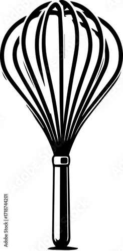 A black and white illustration of a balloon whisk with a cylindrical handle and wire loops at the top