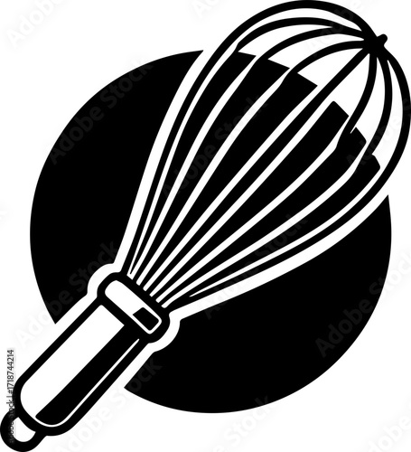 A black and white graphic of a whisk with a rounded handle set against a black circular background