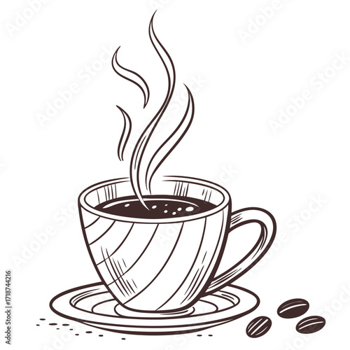 Striped Coffee Cup with Scattered Beans and Steam saucer