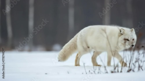 White arctic fox in snowy landscape