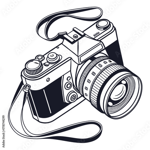 Stylized drawing of a vintage camera with strap photography