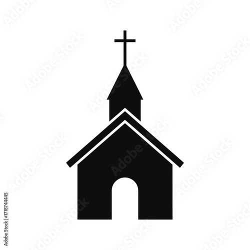 Silhouette of a church stands peacefully against a white backdrop, representing faith and community with its simple cross and steeple, evoking a sense of serenity.