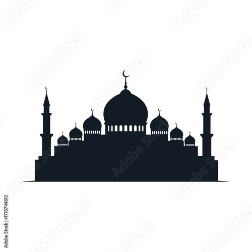 Mosque silhouette stands tall against a white backdrop, representing Islamic architecture and cultural heritage with simple elegance.