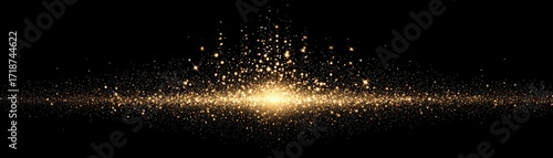 A captivating array of golden glitter dust particles gently cascades against a stark black background, creating a mesmerizing visual display.