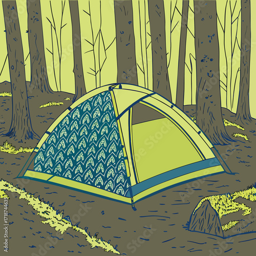 Tent with patterned fabric in a dark forest setting