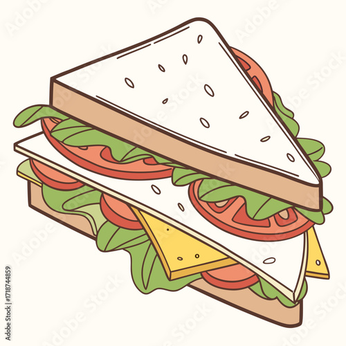 Triangle sandwich with lettuce tomato and cheese on white background