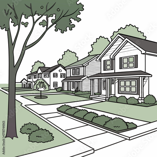Tree-lined suburban street with houses and sidewalks