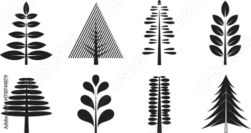 Vector graphic of different tree illustrations black and white