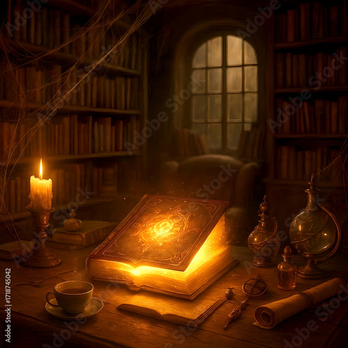 Wallpaper Mural A dark library scene with a magically glowing book and a candle

 Torontodigital.ca