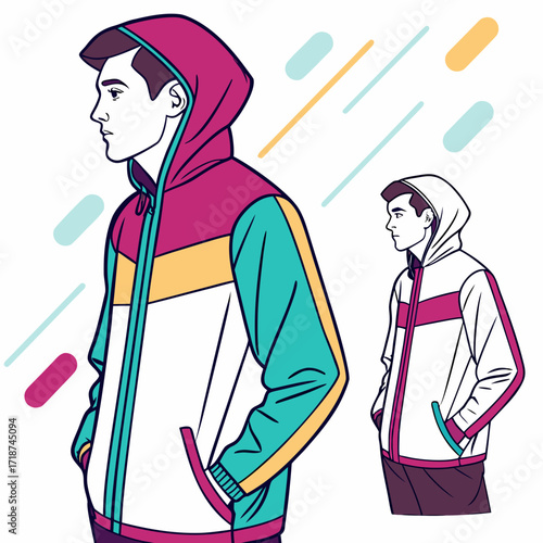 Two Men in Colorful Retro Hooded Jackets Keywords: men, profile, side view, wearing, hooded