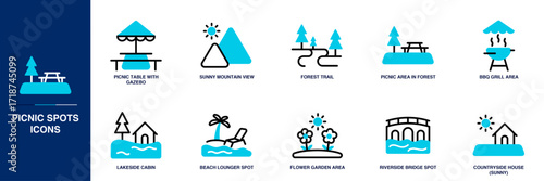 Picnic Spots Blue Colored Outline Icon Set