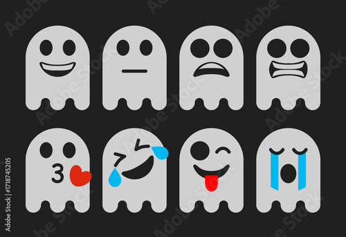 different emotions white ghost vector icons set, mobile app or web page halloween symbols collection, social media mood pictogram