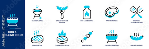 BBQ and Grilling Blue Colored Outline Icon Set