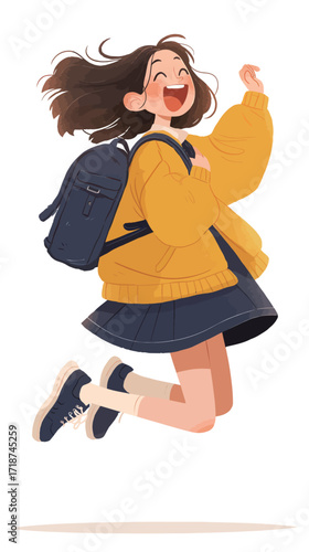 A girl wearing a yellow jacket and a school skirt jumps in excitement. She has a backpack on and shows a big smile on her face, enjoying the moment.