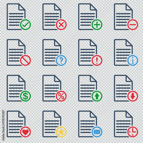 outline document icon set, black stroke report sign with colorful action symbol, web page or mobile app line style pictogram collection, business contract or legal agreement
