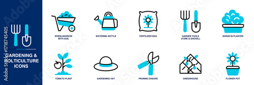 Gardening and Horticulture Blue Colored Outline Icon Set