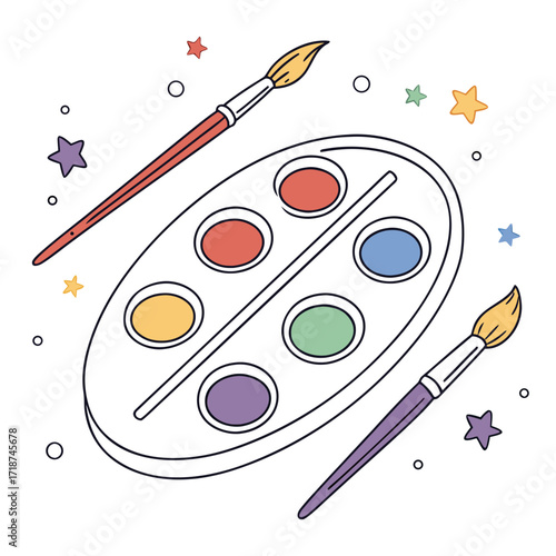 Watercolor Palette with Brushes and Stars on White