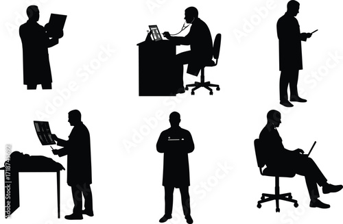 Doctors Silhouettes in Medical Settings with Stethoscope, X-ray, and Laptop – Black and White Healthcare Vector