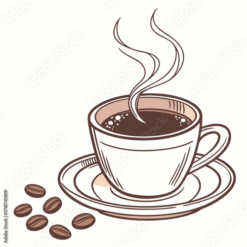 White Cup of Hot Coffee with Steam and Beans steaming