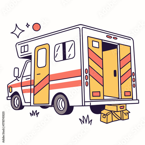 White moving truck with open back and boxes delivery truck