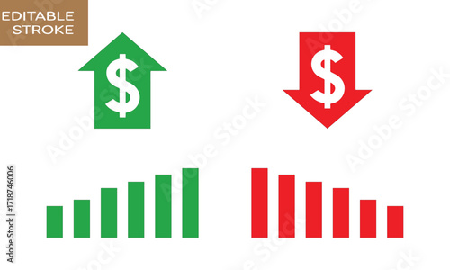 PrintFinance chart with green up arrow and red down arrow showing dollar growth and decline

