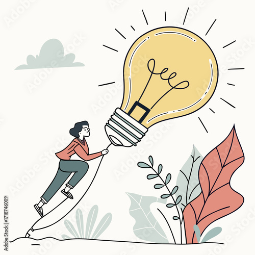 Woman holding a rope attached to a glowing light bulb