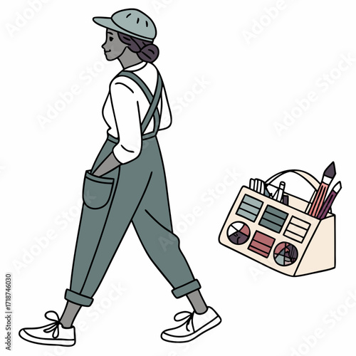 Woman in overalls with art supplies organizer on white background