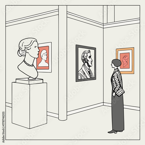 Woman viewing art in a museum exhibition art gallery