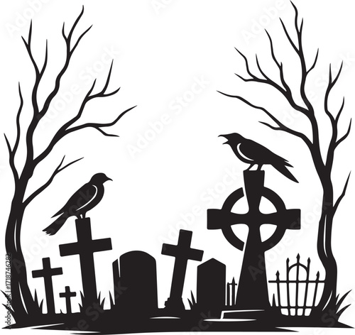 
Spooky Graveyard with Crows and Bare Trees