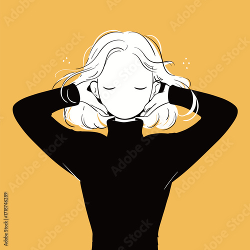 A stylish woman with blonde hair is relaxing without visible facial features. She is wearing a black turtleneck and has her hands behind her head, creating a calm atmosphere.