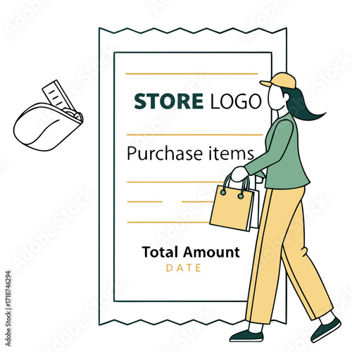 Woman with Shopping Bag and Receipt with Wallet Keywords: shopping, receipt, wallet, purchase
