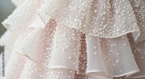Elegant Fabric with Pearls Soft Pink Wedding Dress Detail.