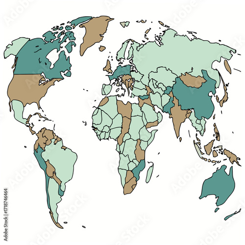 World Map With Countries Colored in Tan and Teal globe