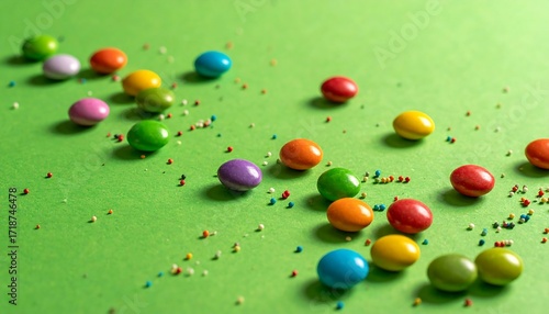 Colorful candies scattered on green background