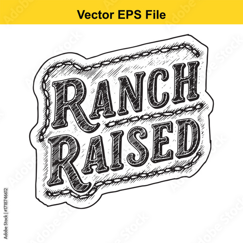 Ranch raised text in a stitched border, isolated on white background