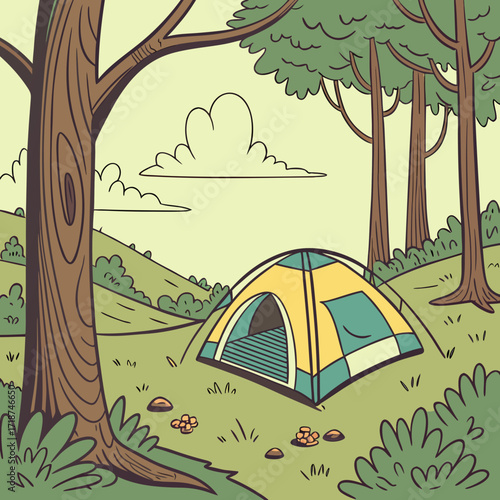 Yellow and green tent in a forest clearing with trees and clouds