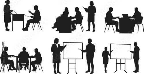Education teamwork training illustration with students teachers group discussion classroom learning seminar coaching communication collaboration teaching meeting success presentation