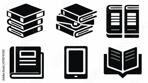 Illustration showing stacks of books, closed books, an open book and an e reader in black and white silhouette