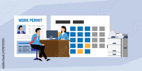 A man waits to get his work permit approved at a government office, representing immigration, visa, and employment authorization processes 2d flat vector illustration