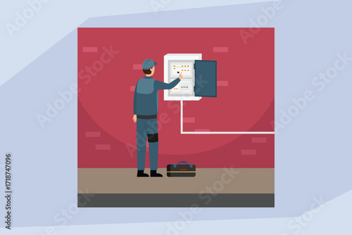 An electrician inspecting and working on an electrical panel in a brick wall, symbolizing home repair and maintenance 2d flat vector illustration