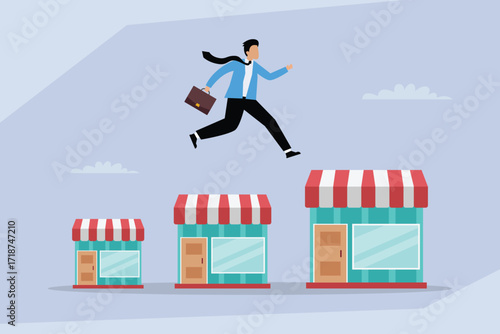 Entrepreneurial Growth and Business Expansion, Man Running on Increasing Scale of Shops 2d flat vector illustration
