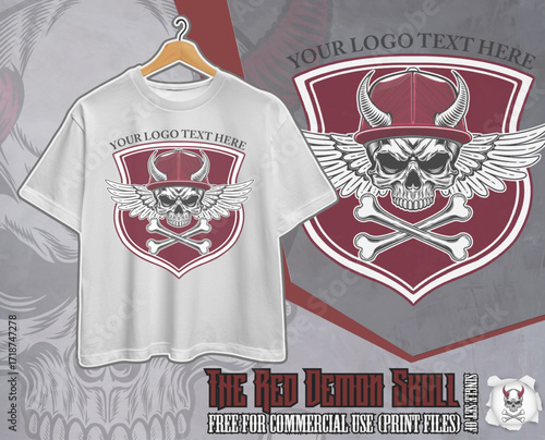Winged Skull Emblem with Horned Cap and Crossbones – Vintage Streetwear Logo (red variation)
