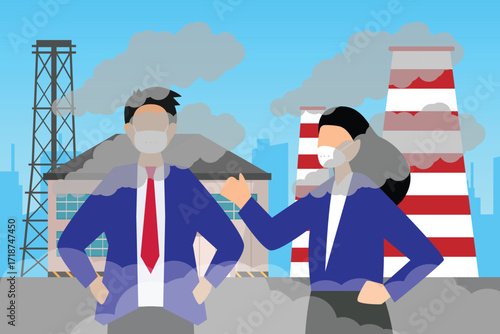 Pollution and Air Quality Problem, People Wearing Masks with Smoke from Power Plants 2d flat vector illustration