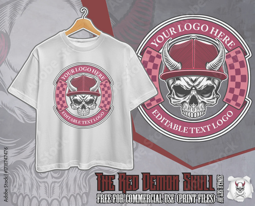 Streetwear Skull Logo with Horned Cap – Editable T-Shirt Design Template (red variation)