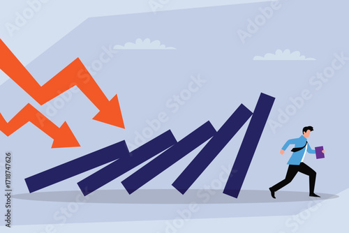 Corporate Risk and Business Collapse, A Man Running Away from Falling Dominoes 2d flat vector illustration