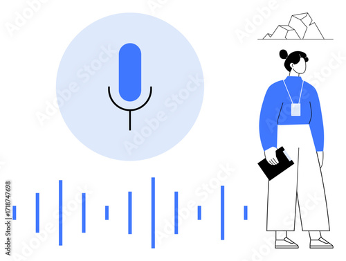 Microphone inside blue circle with sound waves, woman in professional attire holding clipboard. Ideal for podcasting, audio recording, interviews, communication, podcast setup, creativity