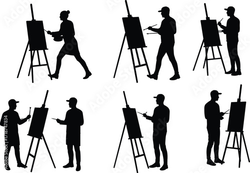 Artist painting on canvas, painter silhouette working at easel, creative drawing illustration, artistic creation process, black and white design