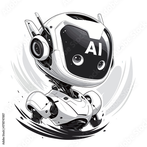 A small, cartoon-style robot features a friendly face with big eyes, showcasing the letters AI on its chest. It appears to be in motion, conveying energy.