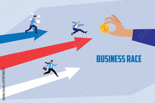Business Competition and Financial Race, Men Running on Arrows to Get a Coin 2d flat vector illustration