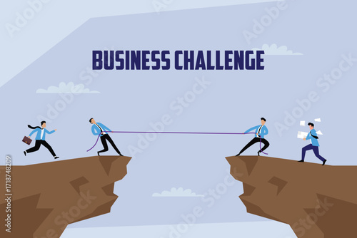 Business Challenge and Tug of War, A Team of Men Pulling a Rope to Cross a Gap 2d flat vector illustration